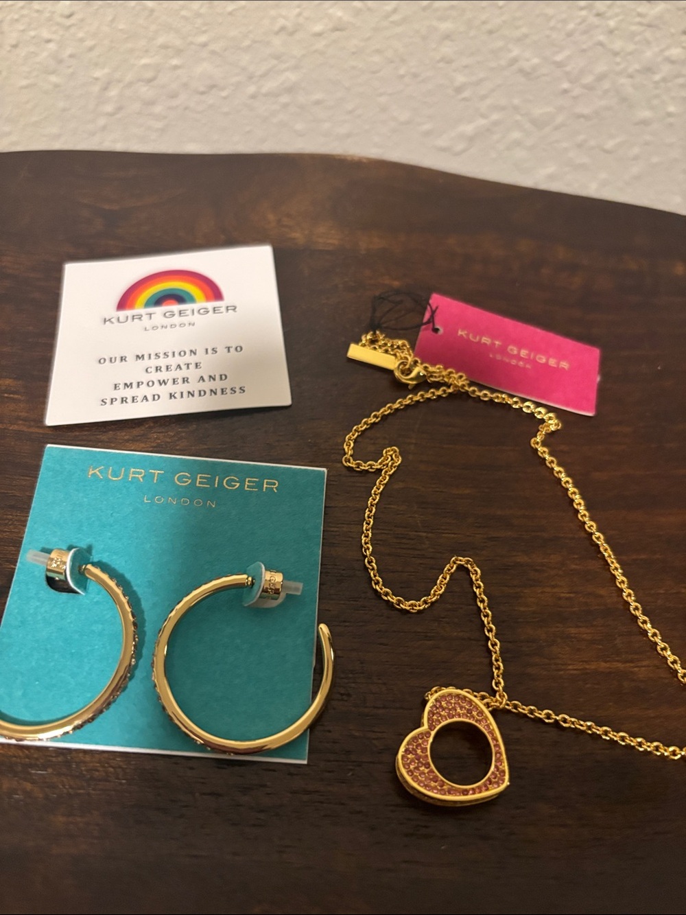 Kurt Geiger Gold Hoop Earrings with Pink Crystal Heart Necklace